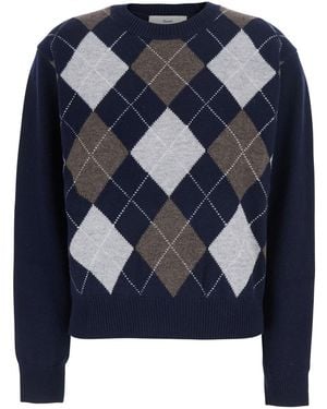DUNST Crewneck Sweater With Argyle Motif - Blue