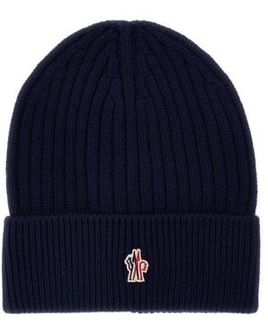 Moncler Ribbed Beanie With Logo Patch - Blue