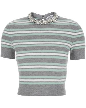 Self-Portrait Cropped Top Wih Crewneck With Crystal Embellishments And All-Over Striped Motif - Grey