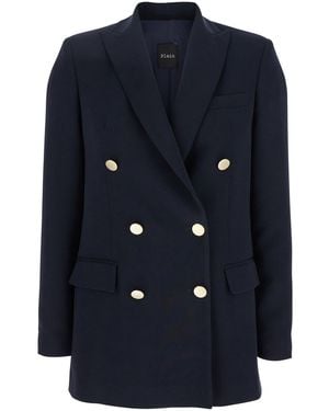 Plain Double-Breasted Jacket With Golden Buttons - Blue
