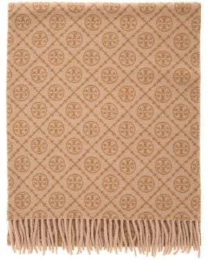 Tory Burch Sciarpa 'T Monogram' Con Frange Sui Bordi - Neutro