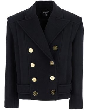 Balmain Jacket With Wide Lapels And Metallic Logo Buttons - Blue