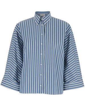 Brunello Cucinelli Oversize Shirt With Monil Detail On The Collar And All-Over Striped Motif - Blue