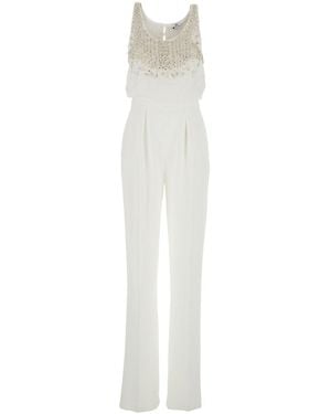 Elisabetta Franchi Jumpsuit With Front Neckline And Rhinestone A - White
