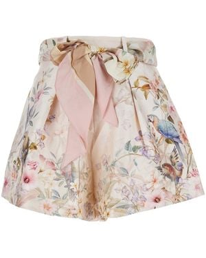 Zimmermann 'Rebellion' Shorts With Bow On The Front And All-Over Floral Motif - Natural