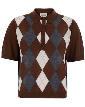 Semicouture Diana Argyle Polo Sweater With Collar And Long Sleeves In - Brown