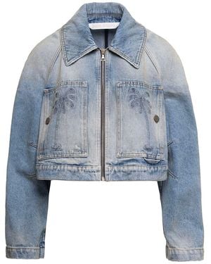 Palm Angels Paris Distressed Cropped Denim Jacket - Blue