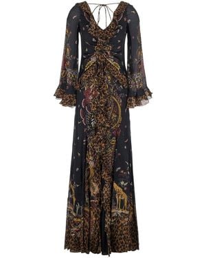 Etro Long Dress With V-Neck And Ruffled Sleeves - Brown