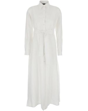 Plain Dress With Classic Collar And Adjustable Belt - White