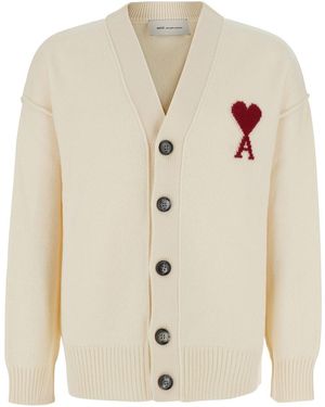 Ami Paris Cardigan V Neck Con Ami De Coeur - Neutro