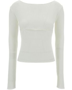 Low Classic Ribbed Top With Boat Neckline And Buttons - White