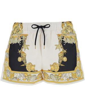 Versace Swim Shorts With Elastic Drawstring Waist And Coral Theatre Print - Metallic