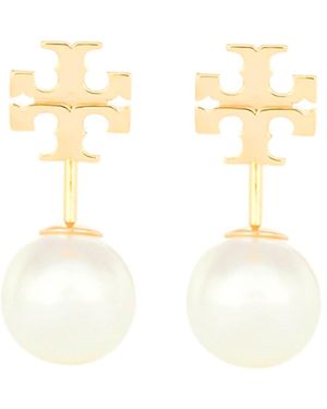 Tory Burch Earings With Double T Motif And Pearls - White