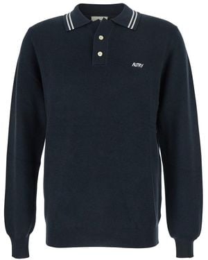 Autry Polo A Maniche Lunghe Con Colletto A Righe E Ricamo Logo Letteri - Blu