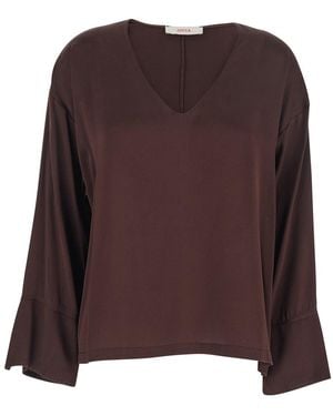 Jucca Silk Blouse With V-Neck And Wide Long Sleeves - Brown