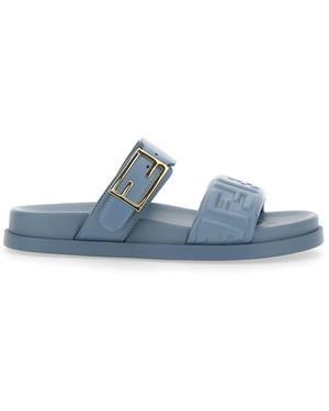 Fendi Â€˜Feelâ€ Sandals With Metallic Ff Plaque And Embroidered Logo On Front - Blue