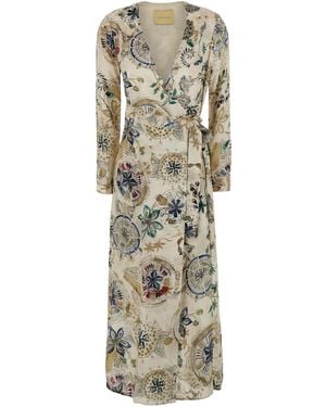 Momoní Dress With V-Neck And All-Over Print - Natural
