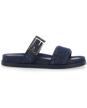Fendi 'Feel' Sandals With Metallic Ff Plate And Embroidered Logo - Blue