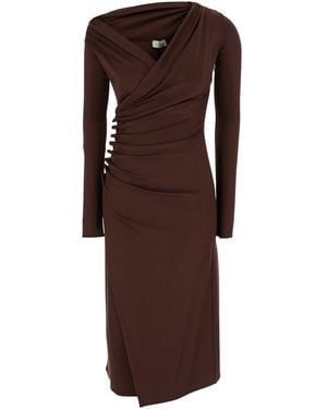 Elisabetta Franchi Draped Midi Dress With Asymmetric Neckline In - Brown