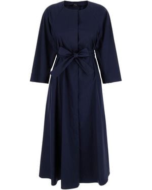 Plain Long Dress With Belt - Blue