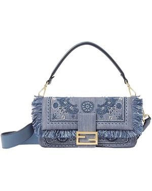 Fendi 'Baguette' Shoulder Bag With All-Over Embroidery And Ff Pla - Blue