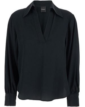 Plain Blouse With Polo Shirt Style Collar And V Neck - Black
