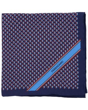 Ferragamo Pocket Square With Gancini Print And Logo Lettering - Blue