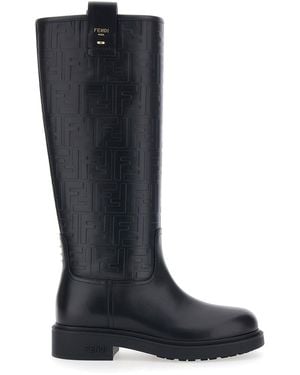 Fendi Knee-High Boots With All-Over Embossed Ff Motif - Black