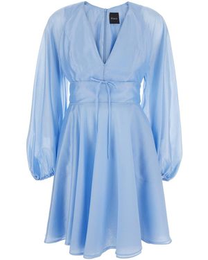 Plain Dress With V-Neck And Flared Skirt - Blue