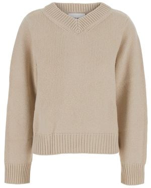 Soft Goat Chunky V Neck Pull Jumper With V-Neck And Long Sleeves - Natural