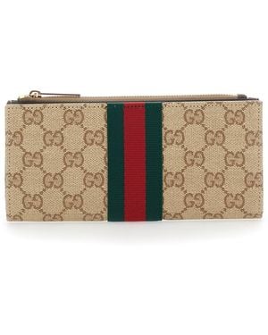 Gucci Wallet With Web Stripe And Top Zip - Natural