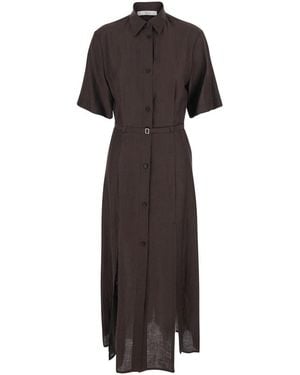 Tela Long Dress With Classic Collar And Waist Belt - Brown