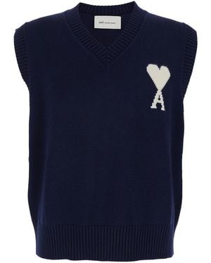 Ami Paris V-Neck Vest With Logo On The Front - Blue
