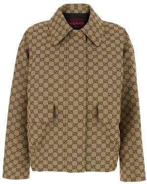 Gucci Jacket With Classic Collar And All-Over Gg Motif - Brown