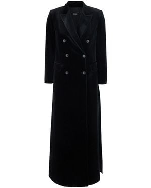 Le Plain Long Velvet Double-Breasted Coat With Pockets And Front Closur - Black