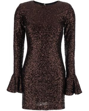 Plain Dress With Round Neck And All-Over Applied Sequins - Brown