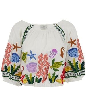 BENARAS BY CITRUS Crop Top With All-Over Marine Motifs - White