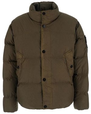 Stone Island High Collar Jacket With Logo Patch On Sleeve - Green