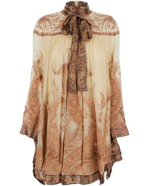 Zimmermann 'Hypnotic' Mini Dress With Pussybow Collar And All-Over Paisley Print - Brown