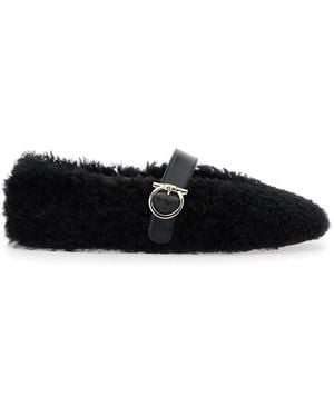 Ferragamo Ballerinas With Shearling Design And Buckle - Black