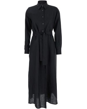 Plain Dress With Classic Collar And Adjustable Skirt - Black