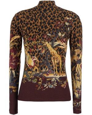 Etro High-Neck Sweater With Animal Motif All-Over - Brown