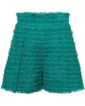 Balmain Shorts High Waist With Pinces And Fringed Hem - Green
