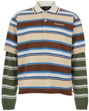 DSquared² Polo Shirt With Logo Lettering On The Front And All-Over Striped Print - Blue