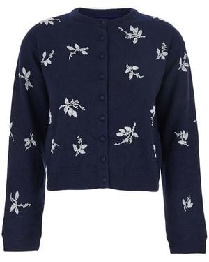 ATELIER EDITION Crew Neck Cardigan With Floral Embroidery - Blue