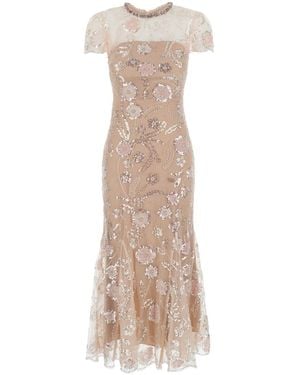 Self-Portrait Dress Midi With Floral Sequins With Puff Sleeves And V-N - Natural
