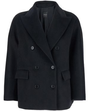 Plain Double-Breasted Jacket With Peak Revers - Blue