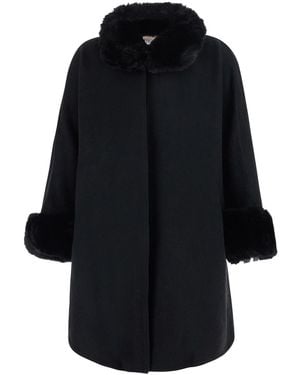 Twinset Fur Coat With Fur Collar And Cuffs And Hidden Front Clos - Black