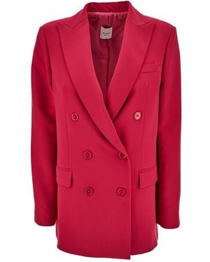 Plain Red Double-breasted Jacket With Peaked Revers And Tonal Buttons In Stretch Fabric