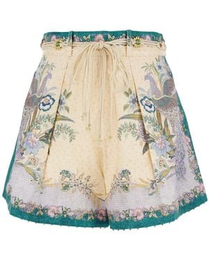 Zimmermann Indra Tuck Short With Elegant Multicolored Linen Details Fo - Natural
